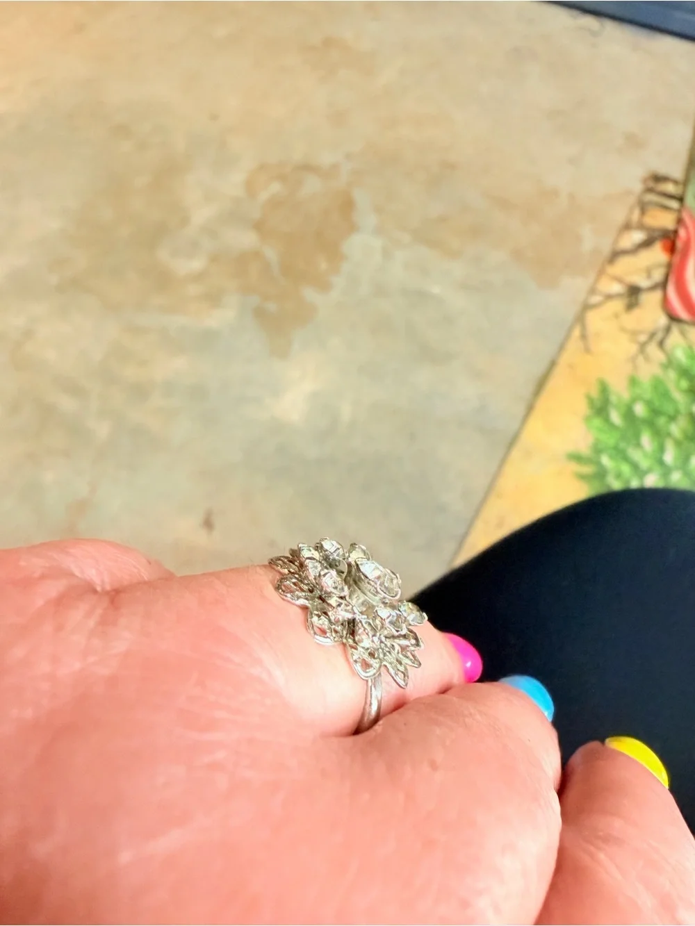 Clear Crystal Floral Cluster Ring in Silver Tone